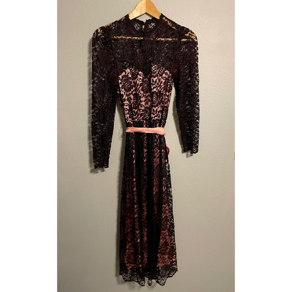 Vintage Handmade Womens Dress Small Black Floral Lace Belted Victorian Gothic